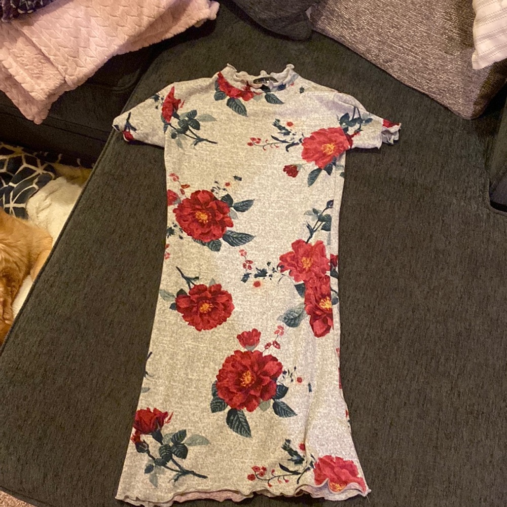Pencil dress, grey with red flowers. Size small.